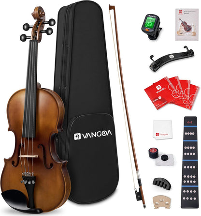 Vangoa Solid Wood Violin 4/4 Full Size Set Fiddle Tiger Pattern, Handcrafted Four by Four Starter Acoustic Violins Kit with Lightweight Hard Case for Beginners, Teens, Adults, Right Handed