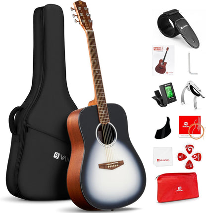 Vangoa Dreadnought Acoustic Guitar Kit for Beginner Adult, 41 Inch Right-handed Starter Guitars 6 String Full Size Set, Walnut Fingerboard, Padded Case, Tuner, Strap, Picks, Capo, Extra Strings, White