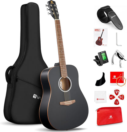 Vangoa Dreadnought Acoustic Guitar Kit for Beginner Adult, 41 Inch Right-handed Starter Guitars 6 String Full Size Set, Walnut Fingerboard, Padded Case, Tuner, Strap, Picks, Capo, Extra Strings, Black