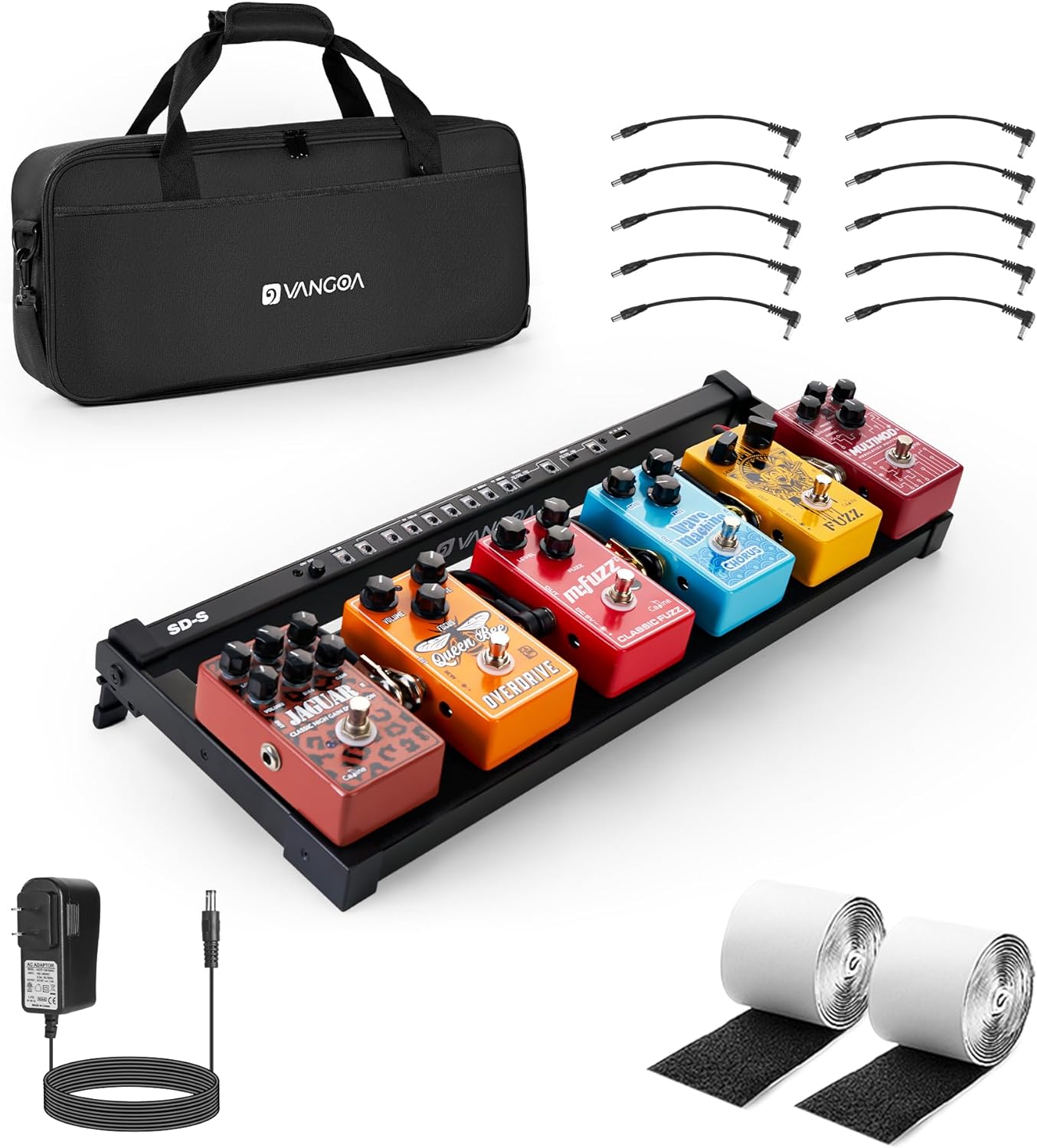 Vangoa Pédalier de guitare avec alimentation intégrée 9 V/12 V/18 V pour 5 à 6 pédales, en alliage d'aluminium, portable et pliable, avec sac de transport et câbles de pédale, petit format