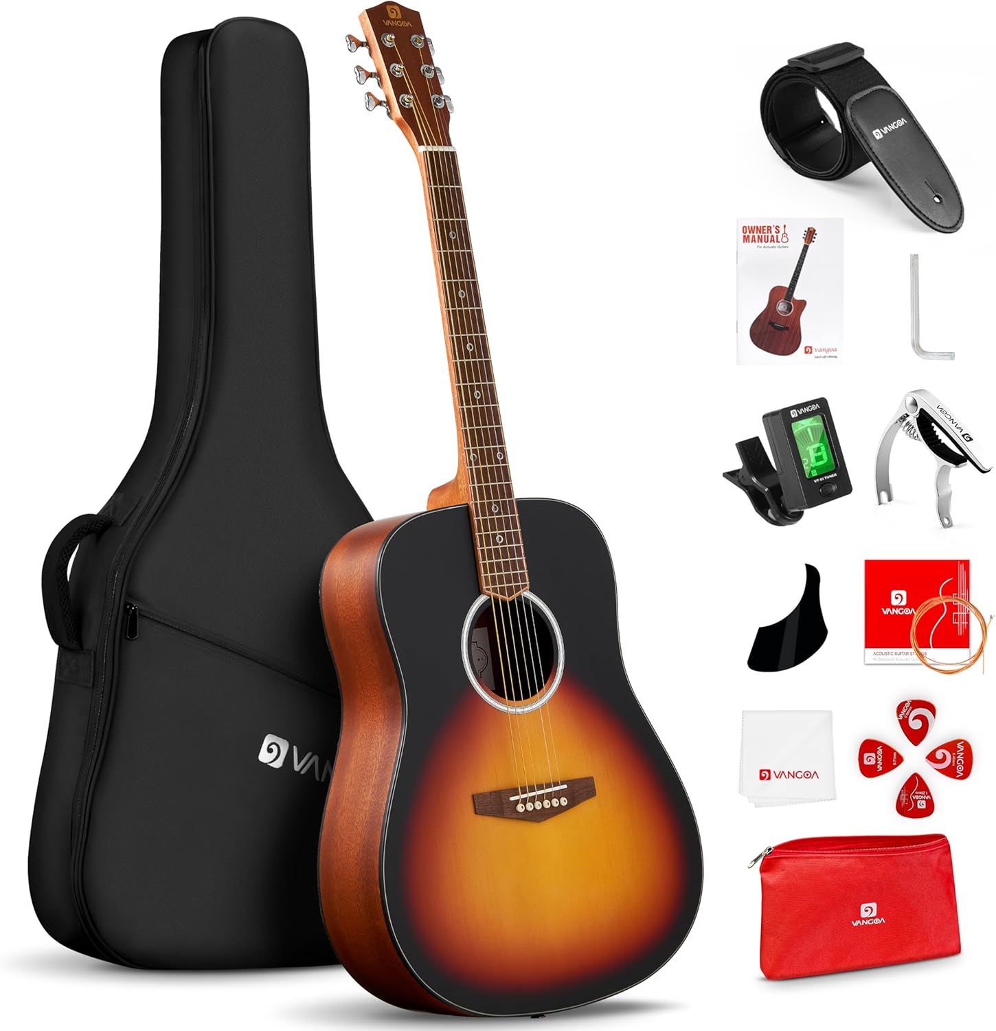 Vangoa Dreadnought Acoustic Guitar Kit for Beginner Adult, 41 Inch Right-handed Starter Guitars 6 String Full Size Set, Walnut Fingerboard, Hard Case, Tuner, Strap, Picks, Capo, Extra Strings, Yellow