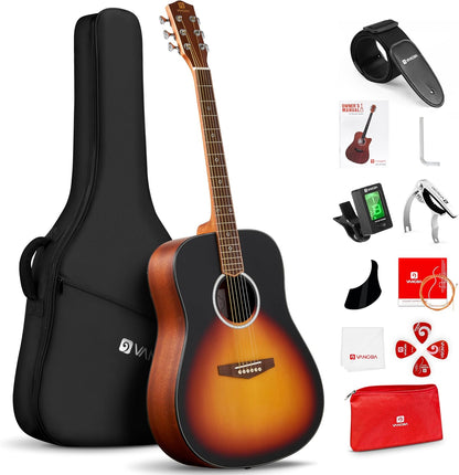 Vangoa Dreadnought Acoustic Guitar Kit for Beginner Adult, 41 Inch Right-handed Starter Guitars 6 String Full Size Set, Walnut Fingerboard, Hard Case, Tuner, Strap, Picks, Capo, Extra Strings, Yellow