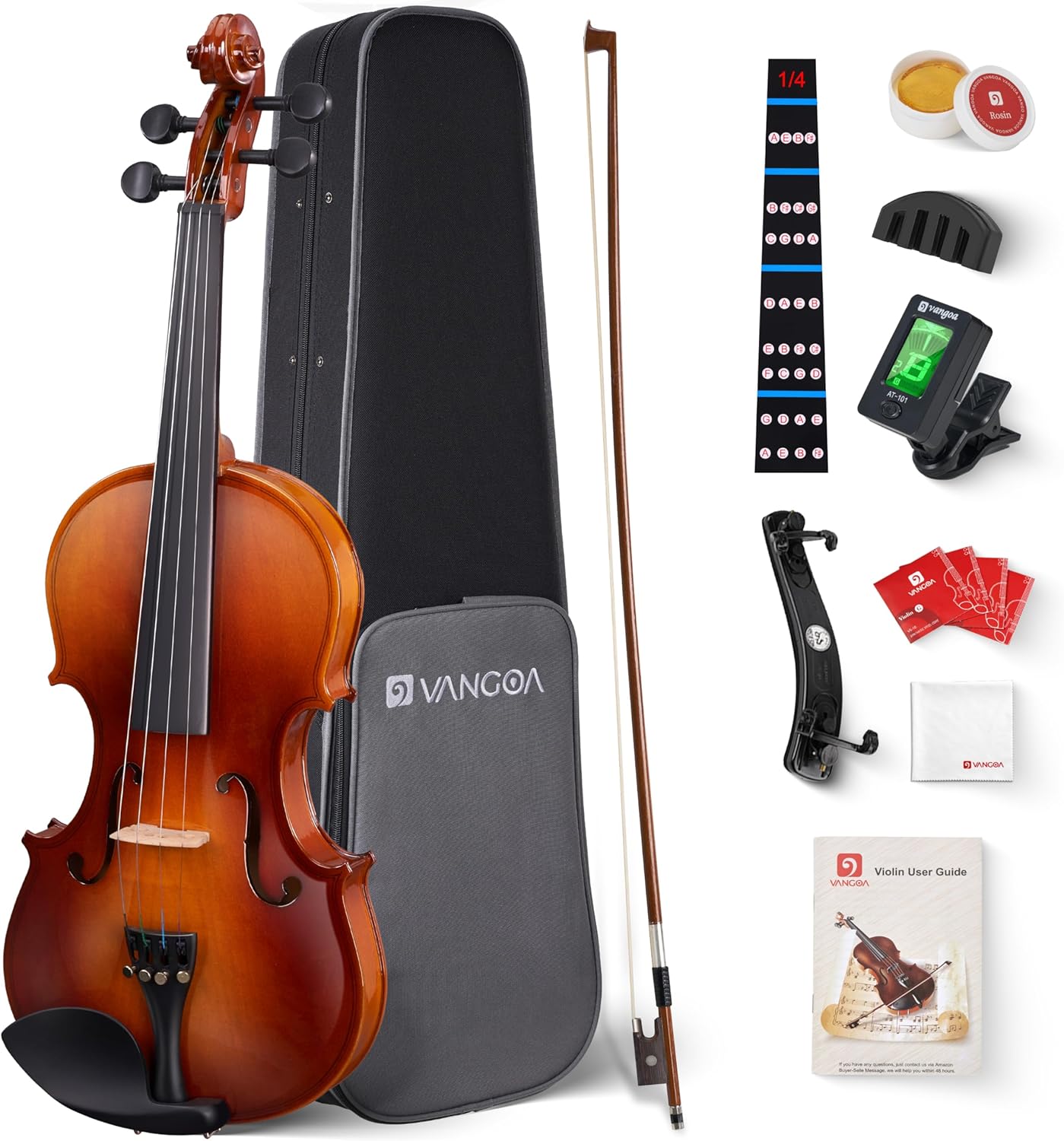 Vangoa Violin 1/4 Size Set Fiddle Outfit, Handcrafted Quarter Starter Acoustic Violins Kit with Solid Wood Side Board Lightweight Hard Case for Beginners Students, Child, Kids, Adults, Right Handed
