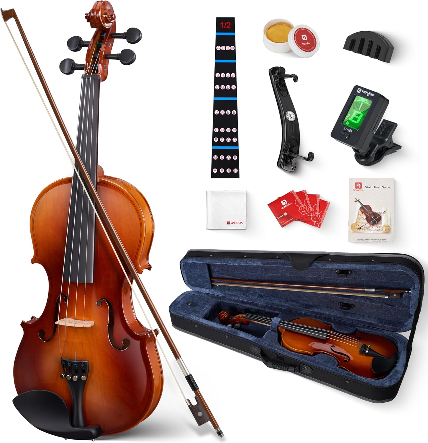 Ensemble de violons Vangoa demi-taille, violons acoustiques demi-taille faits main pour débutants, avec plateau en bois massif et étui rigide léger pour enfants, adultes et droitiers. 