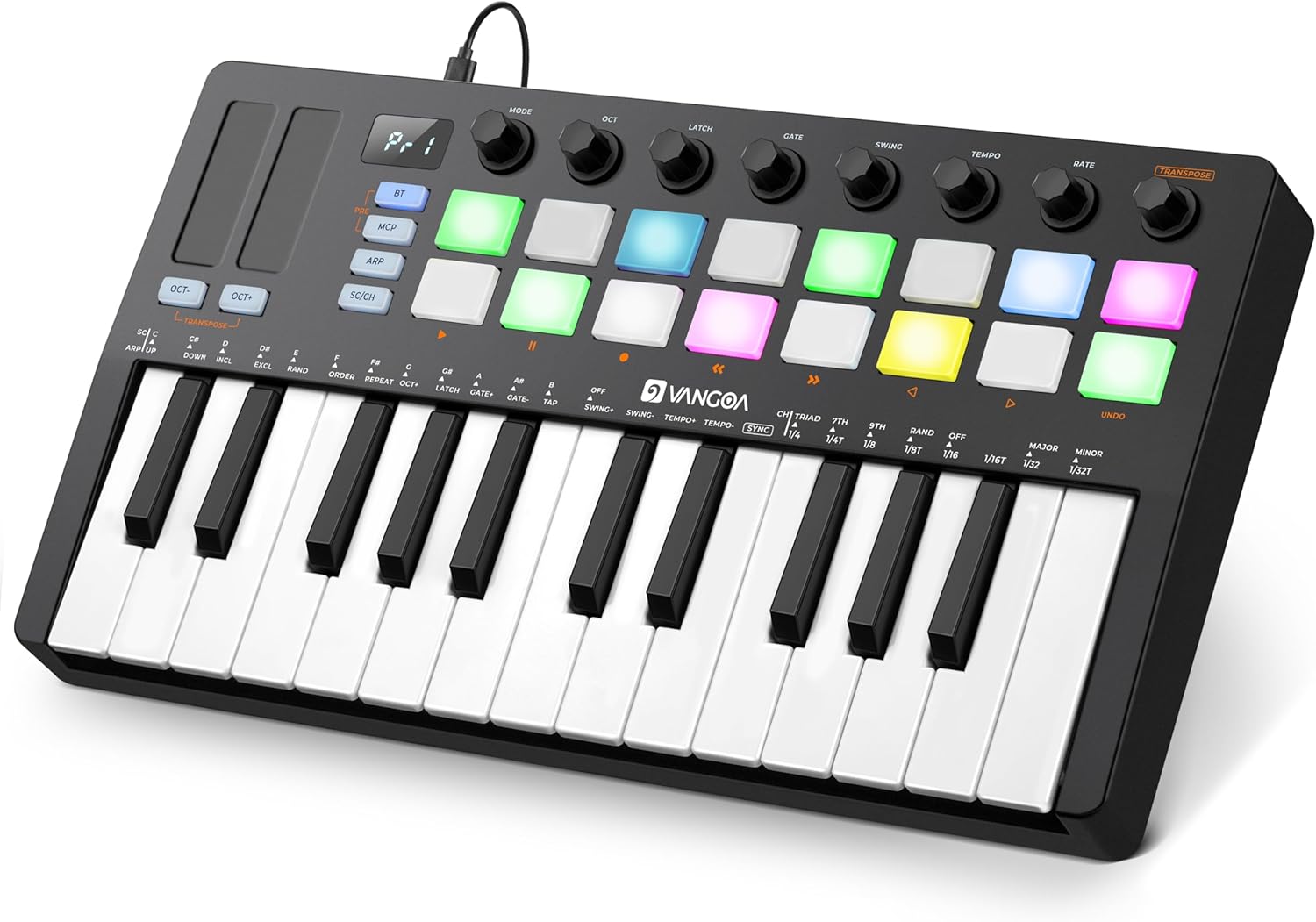 Vangoa Upgraded 25 Keys USB MIDI Keyboard Controller with 16 Backlit Drum Pads, Portable Wireless Velocity Sensitive Keybed Beating Pad with Aftertouch, Smart Chord & Scale, LED Display, Arpeggiator