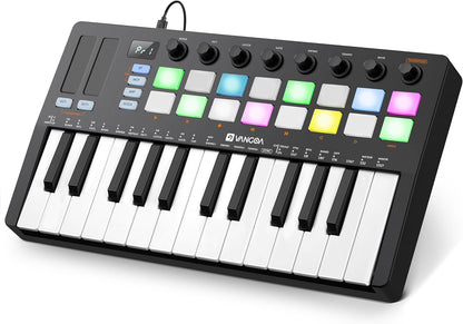 Vangoa Verbesserter 25-Tasten-USB-MIDI-Keyboard-Controller mit 16 Drum-Pads mit Hintergrundbeleuchtung, tragbarem, kabellosem, anschlagdynamischem Keybed-Beating-Pad mit Aftertouch, Smart Chord &amp; Scale, LED-Anzeige, Arpeggiator