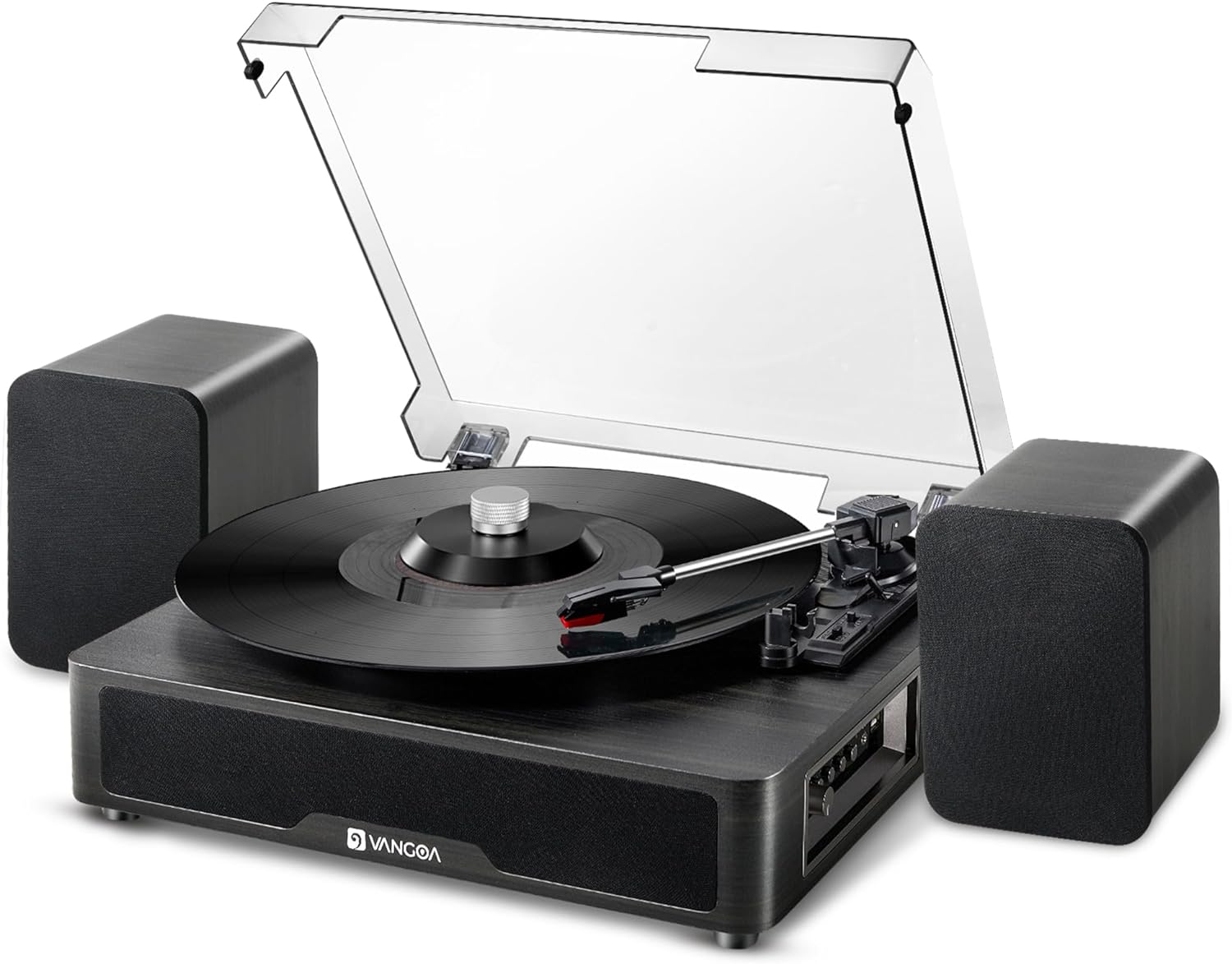 Platine vinyle Vangoa Bluetooth avec 2 haut-parleurs stéréo, 3 vitesses, entraînement par courroie, pour disques vinyles, entrée AUX, ligne RCA, USB, lecture sans fil, noir 