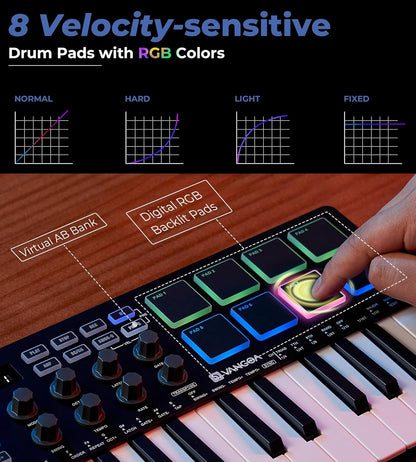 Vangoa 25 Keys Midi Keyboard Controller, Mini Portable Beat Maker Machine with Backlit Drum Pads, 8 Knoks, 8 RGB Beating Pad for Music Production, Velocity Sensitive, LED Display, Arpeggiator, Black