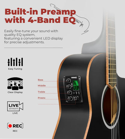 Vangoa 3/4 Electric Acoustic Guitar Kit for Beginners, 36 Inch Cutaway Acoustic Guitar Built-in Pickups, with Bag, Tuner, Strap, Capo, Picks, Spruce Top, Upgraded Starter Kit, Black Matte