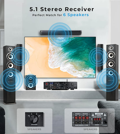Vangoa Stereo Audio Amplifier Receiver, Wireless 5.1 Channel Sound Audio Stereo Receiver 800W Max Power Amplifier System with USB TF FM 2 Microphone Input Speaker Amplifier for Home Theater, Studio