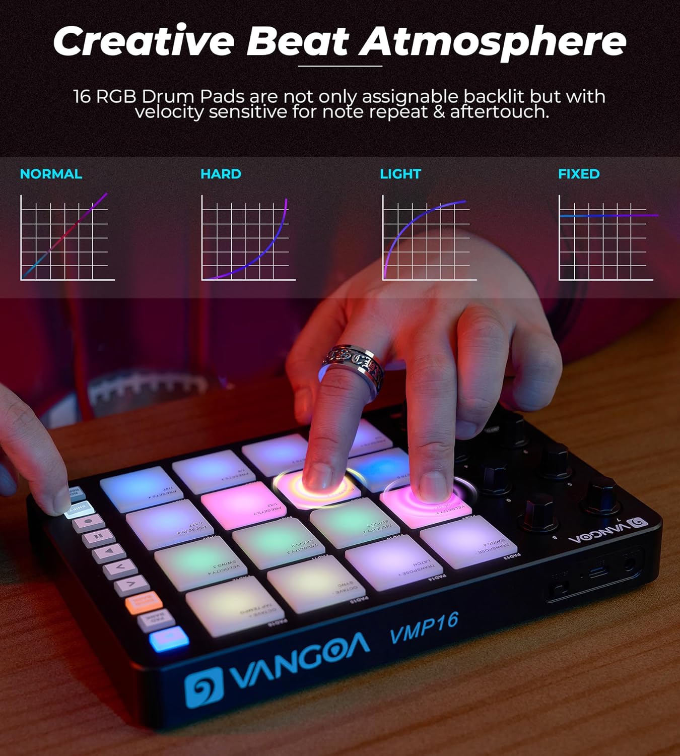 Vangoa MIDI Pad Beat Maker Machine with 16 Velocity Sensitive RGB Pads, Portable Backlit Aftertouch Wireless Beating Machine with Note Repeat for Music Production Beginners, 8 Knobs, Rechargeable