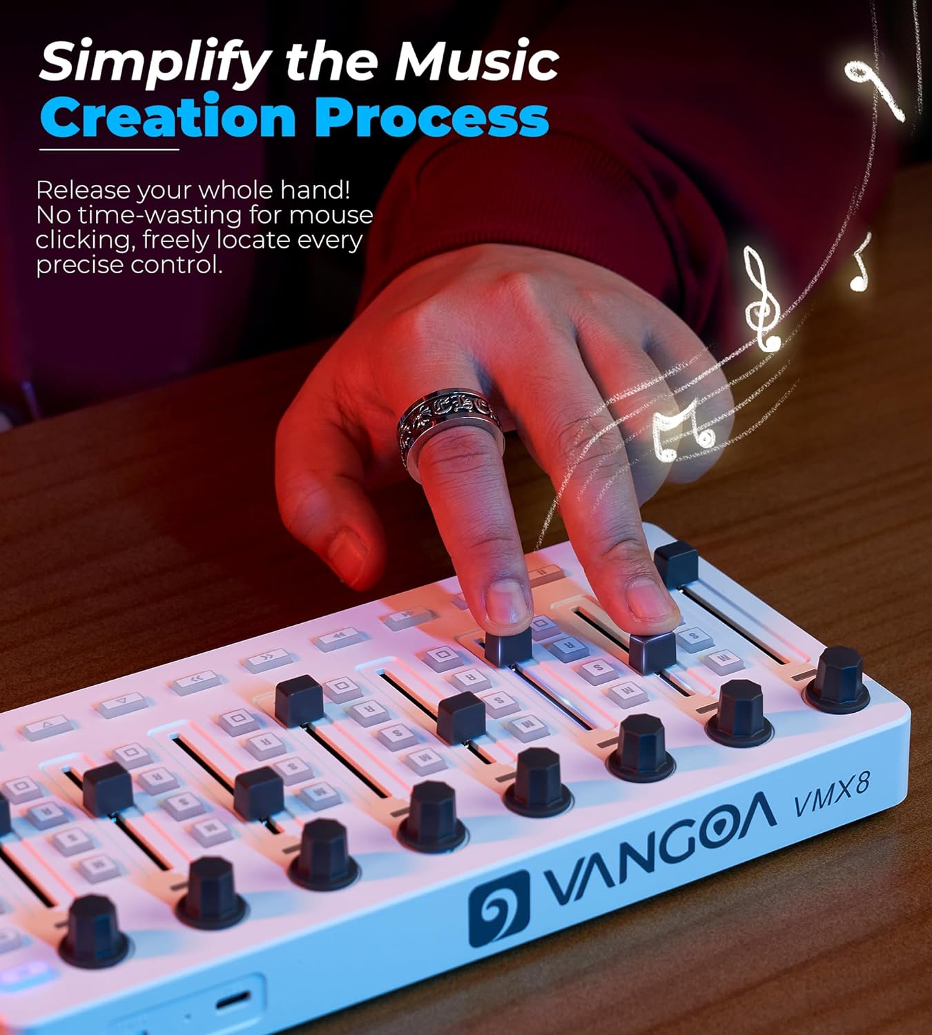 Vangoa Wireless Midi Controller Mixer Mute, Portable USB MIDI Controller Mixing Console with 43 Backlit Button, 8 Customized Diamond-shaped Faders with LED indicator, 8 Assignable Knobs, Simple Layout