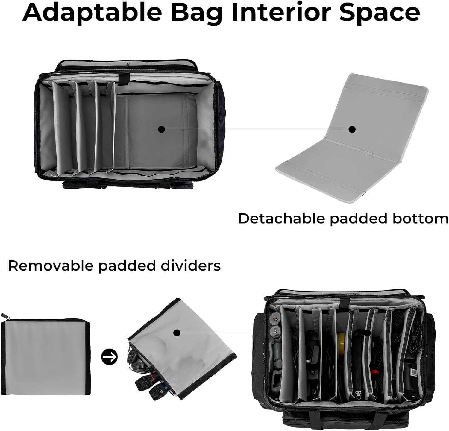 Grand sac de rangement pour câbles Vangoa, avec 8 compartiments amovibles et 10 attaches de rangement pour câbles, pour équipement DJ, accessoires de musique, ordinateur portable, micro, housse de transport rembourrée pour câbles DJ, gris 