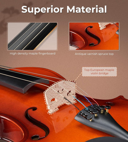 Ensemble de violons Vangoa 4/4 pour débutants, violons acoustiques pour adultes, enfants, adolescents et étudiants, avec sourdine, étui rigide, droitier, finition antique brillante. 