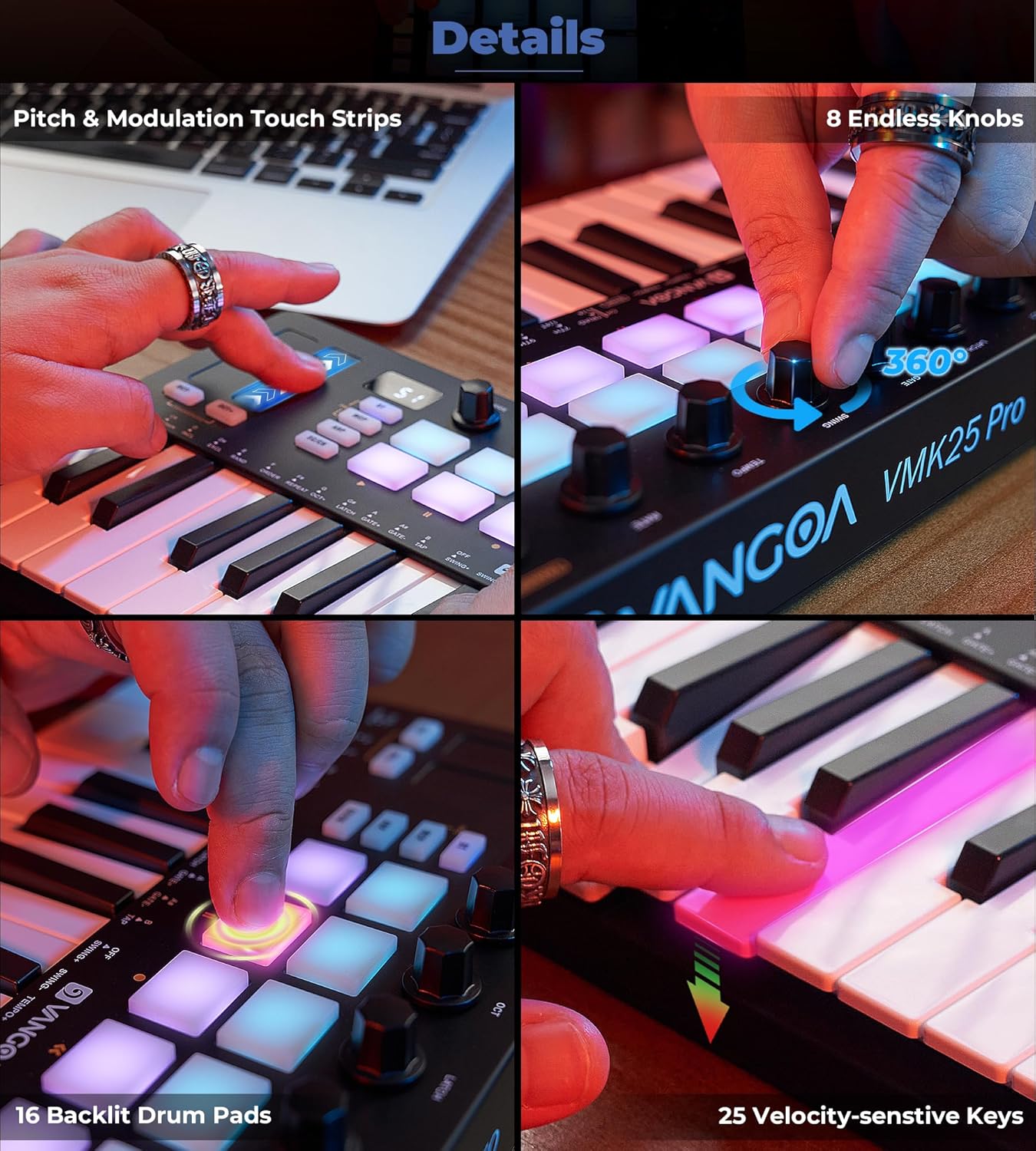 Vangoa Upgraded 25 Keys USB MIDI Keyboard Controller with 16 Backlit Drum Pads, Portable Wireless Velocity Sensitive Keybed Beating Pad with Aftertouch, Smart Chord & Scale, LED Display, Arpeggiator