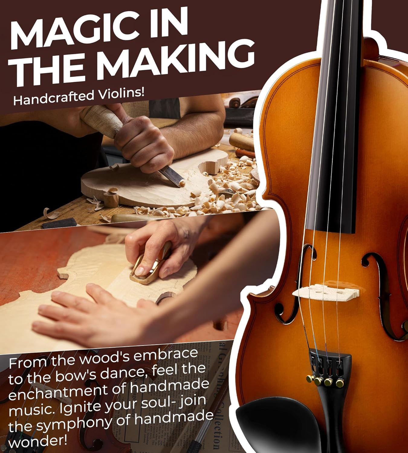 Vangoa Violin 4/4 Full Size Set Fiddle, Handcrafted Starter Acoustic Violins Kit with Solid Wood Side Board, Lightweight Hard Case for Beginners, Teens, Child, Kids Age 12+, Adults, Right Handed