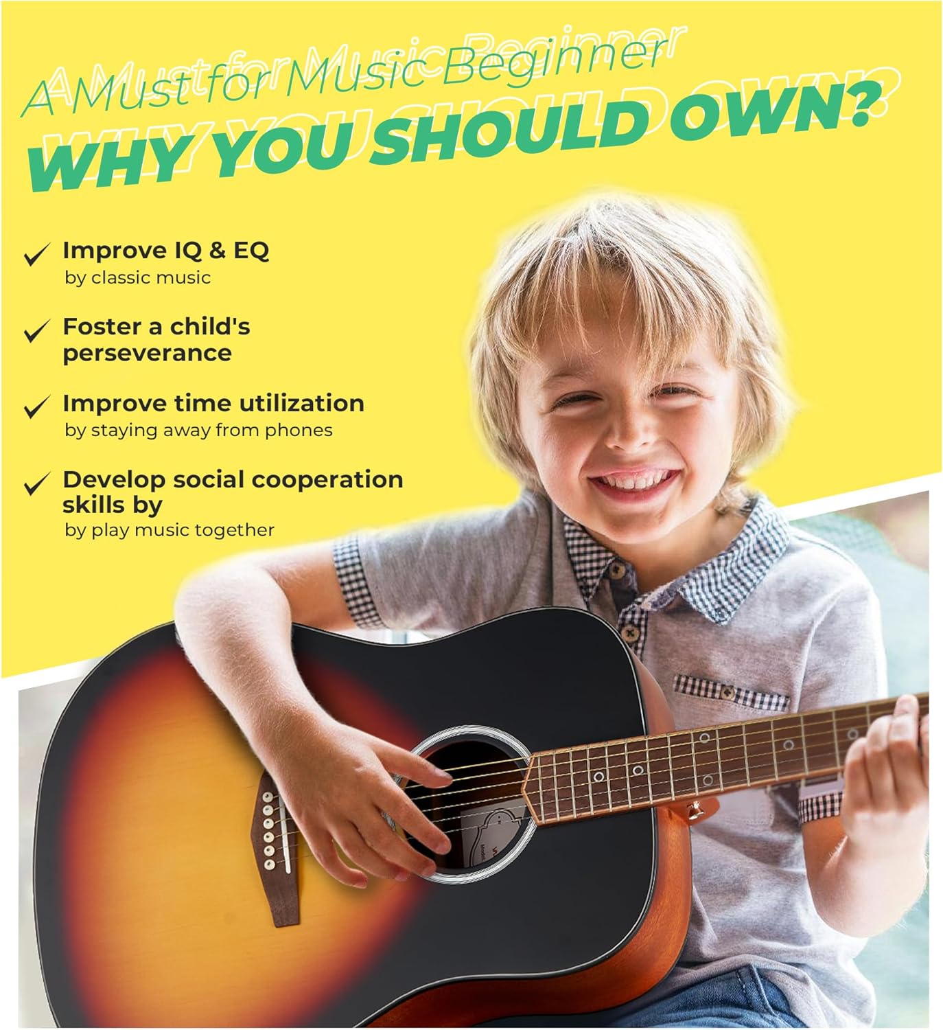 Vangoa Dreadnought Acoustic Guitar Kit for Beginner Adult, 41 Inch Right-handed Starter Guitars 6 String Full Size Set, Walnut Fingerboard, Hard Case, Tuner, Strap, Picks, Capo, Extra Strings, Yellow