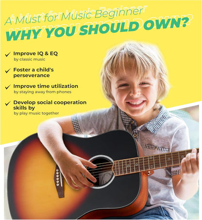 Vangoa Dreadnought Acoustic Guitar Kit for Beginner Adult, 41 Inch Right-handed Starter Guitars 6 String Full Size Set, Walnut Fingerboard, Hard Case, Tuner, Strap, Picks, Capo, Extra Strings, Yellow