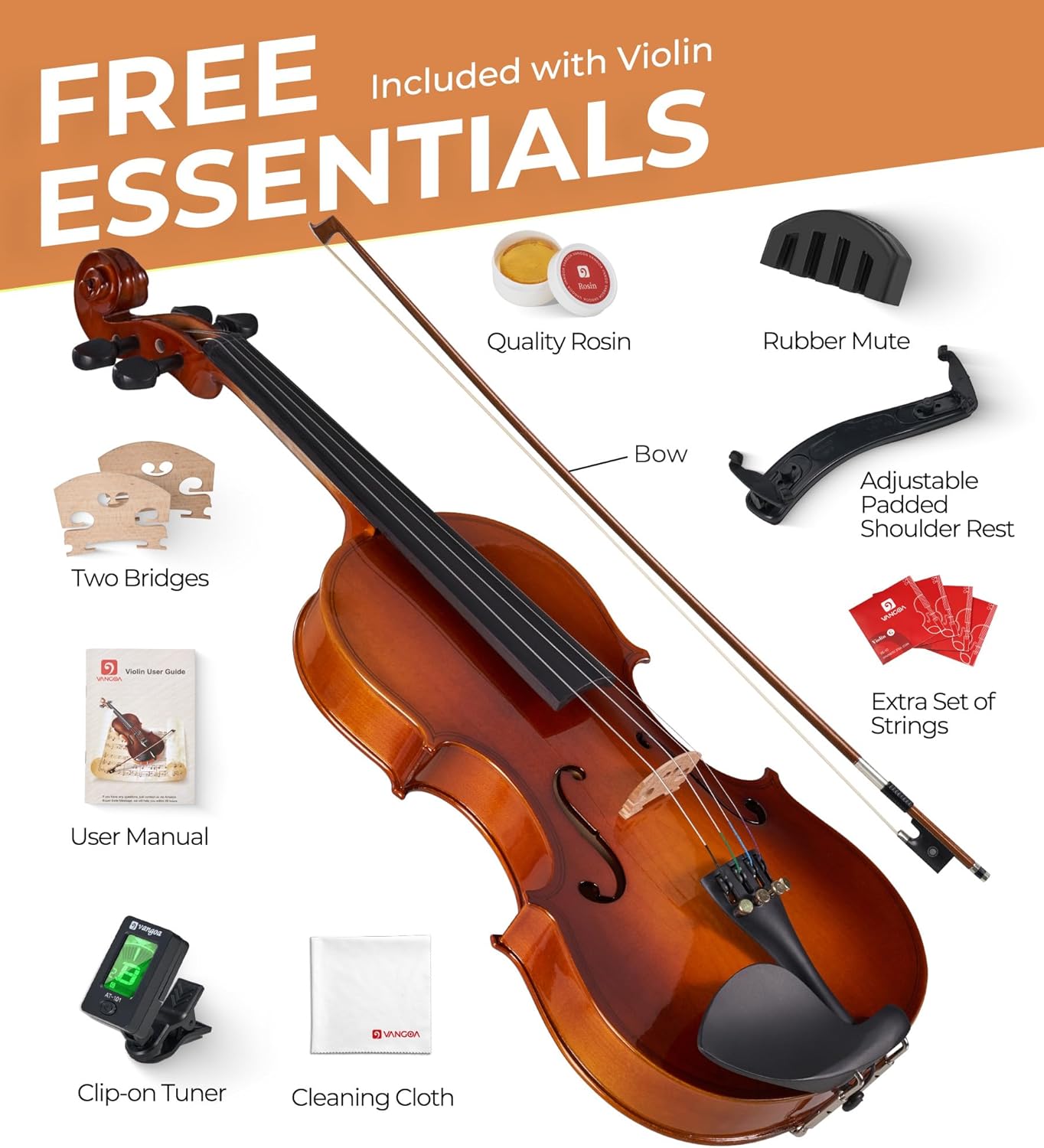 Vangoa Violin 3/4 Size Set Fiddle, Handcrafted Three Quarters Starter Acoustic Violins Kit with Side Solid Wood Board, Lightweight Hard Case for Beginners, Students, Child, Kids, Adults, Right Handed