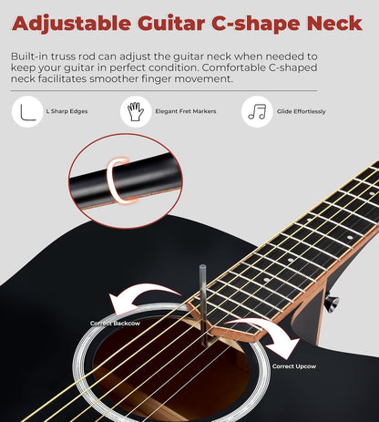 Vangoa 3/4 Electric Acoustic Guitar Kit for Beginners, 36 Inch Cutaway Acoustic Guitar Built-in Pickups, with Bag, Tuner, Strap, Capo, Picks, Spruce Top, Upgraded Starter Kit, Black Matte