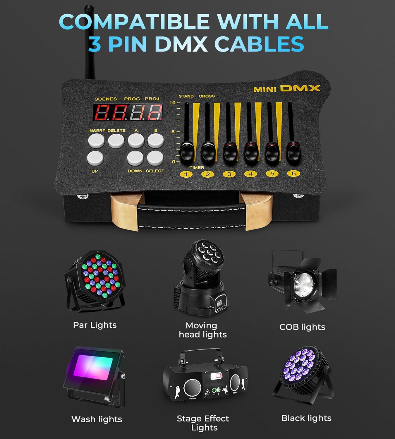 Contrôleur DMX Vangoa, mini contrôleur DMX 512 portable, avec 3 contrôleurs DMX Dfi DJ 2.4G et 3 récepteurs, contrôle d'éclairage avec sac et adaptateur, pour scène, fête, bar, spectacle, noir 