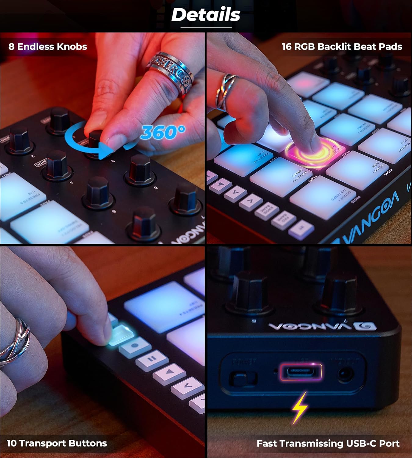Vangoa MIDI Pad Beat Maker Machine with 16 Velocity Sensitive RGB Pads, Portable Backlit Aftertouch Wireless Beating Machine with Note Repeat for Music Production Beginners, 8 Knobs, Rechargeable
