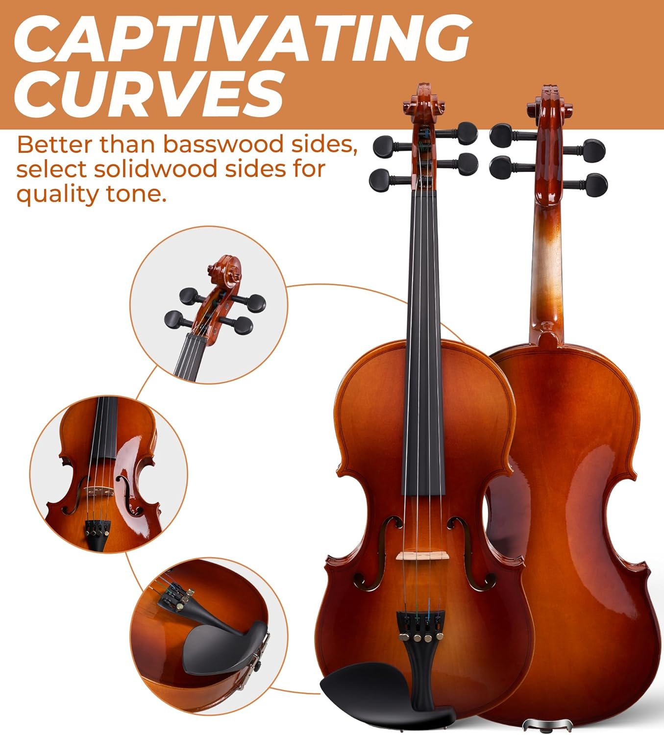 Vangoa Violin 3/4 Size Set Fiddle, Handcrafted Three Quarters Starter Acoustic Violins Kit with Side Solid Wood Board, Lightweight Hard Case for Beginners, Students, Child, Kids, Adults, Right Handed