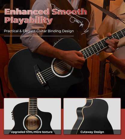 Vangoa 3/4 Electric Acoustic Guitar Kit for Beginners, 36 Inch Cutaway Acoustic Guitar Built-in Pickups, with Bag, Tuner, Strap, Capo, Picks, Spruce Top, Upgraded Starter Kit, Black Matte