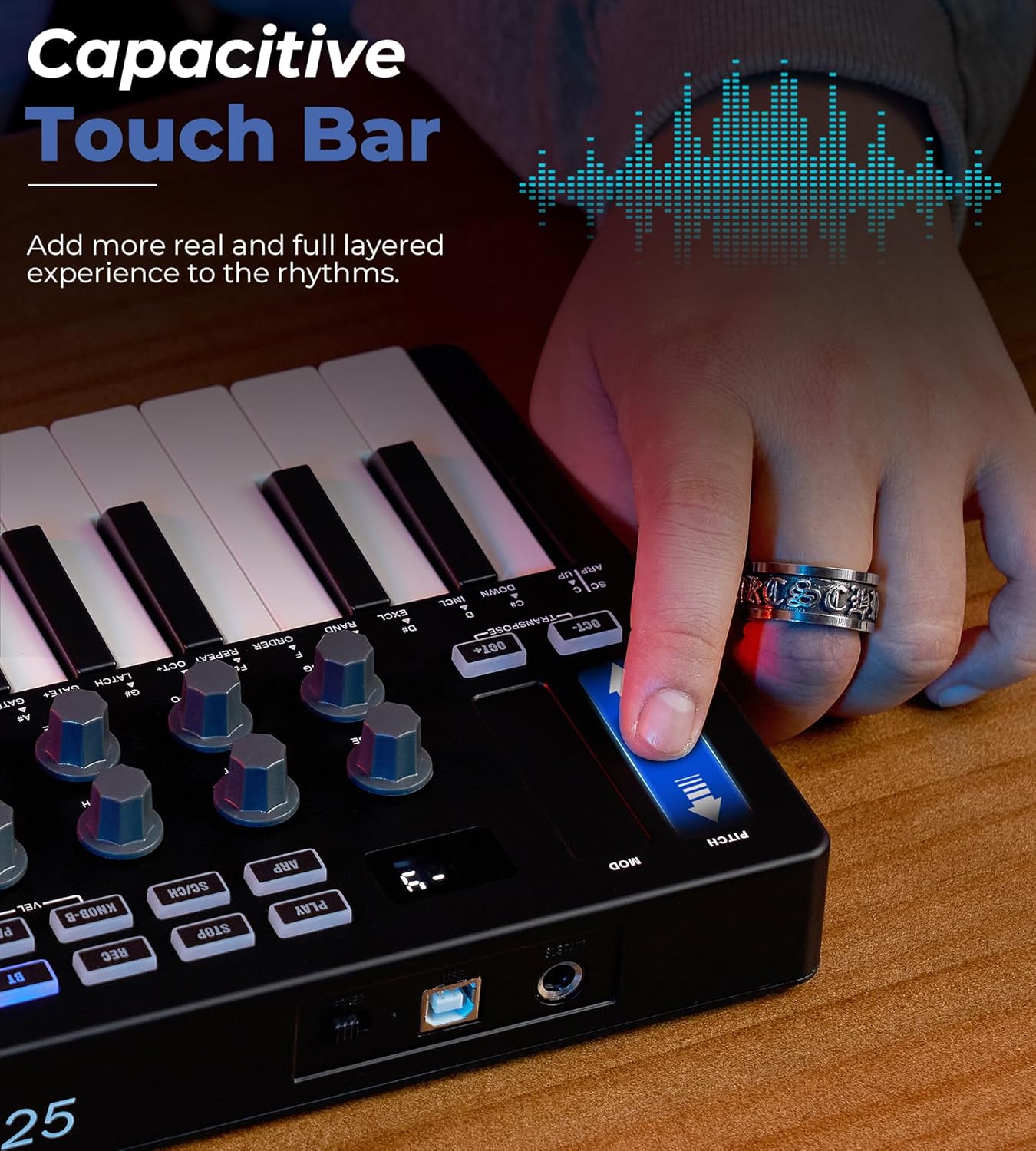 Vangoa 25 Keys Midi Keyboard Controller, Mini Portable Beat Maker Machine with Backlit Drum Pads, 8 Knoks, 8 RGB Beating Pad for Music Production, Velocity Sensitive, LED Display, Arpeggiator, Black