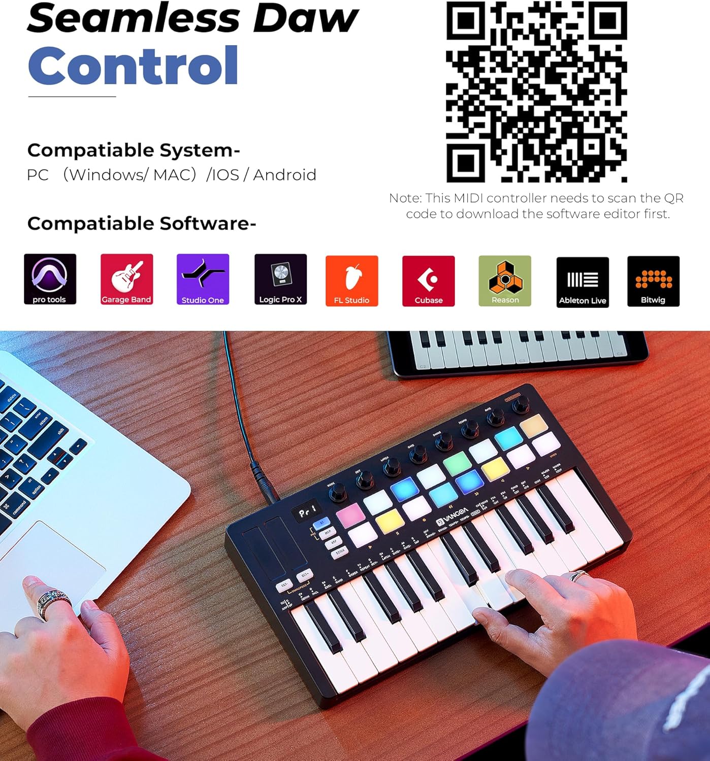 Vangoa Upgraded 25 Keys USB MIDI Keyboard Controller with 16 Backlit Drum Pads, Portable Wireless Velocity Sensitive Keybed Beating Pad with Aftertouch, Smart Chord & Scale, LED Display, Arpeggiator
