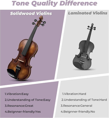Violon 4/4 en bois massif Vangoa, ensemble complet, vernis fait main, violon acoustique quatre par quatre, fabriqué à la main, avec étui rigide léger pour débutants, adolescents, adultes et droitiers 
