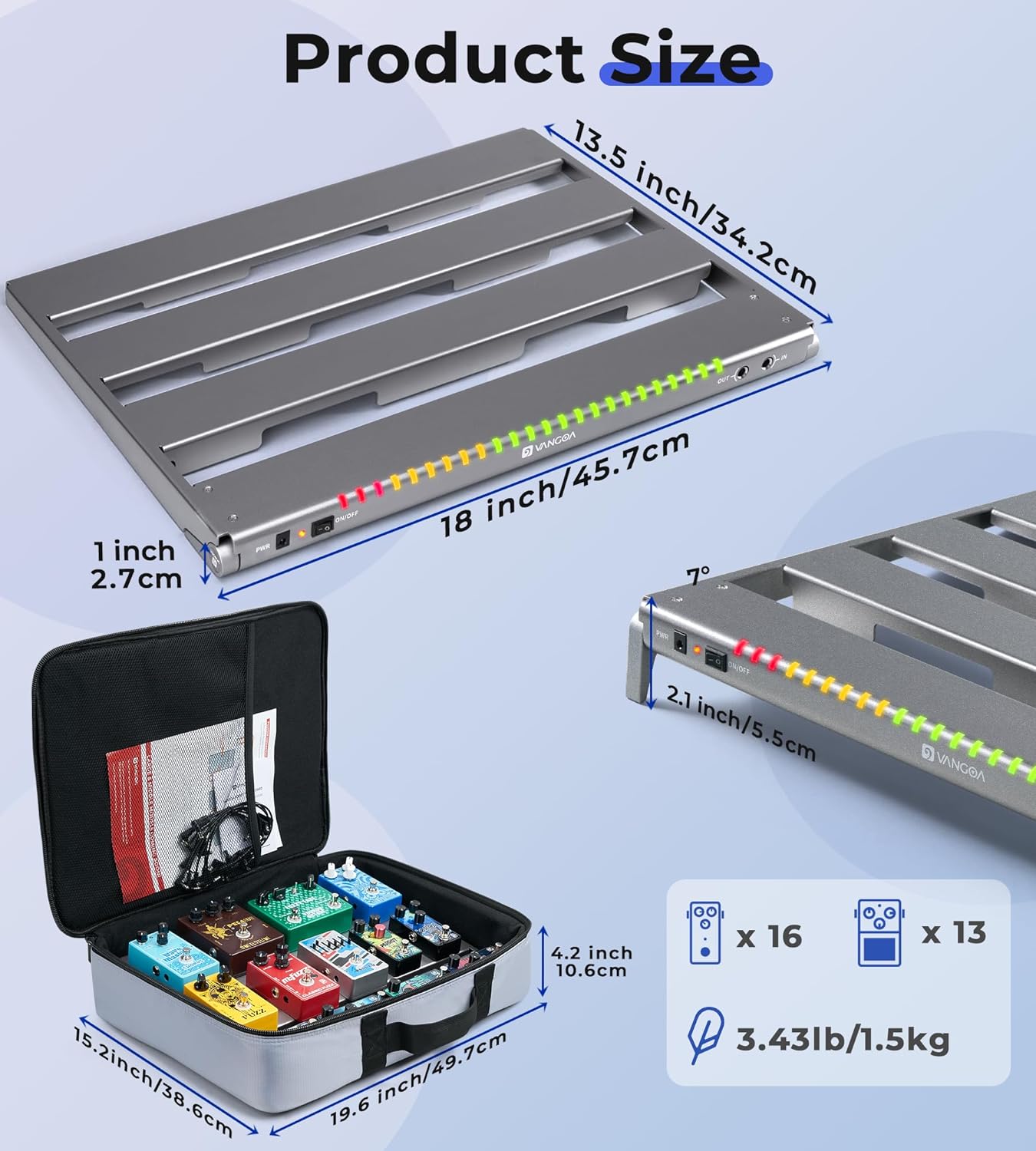 Vangoa Guitar Pedal Board with Isolated Power Supply, PDM Aluminum On