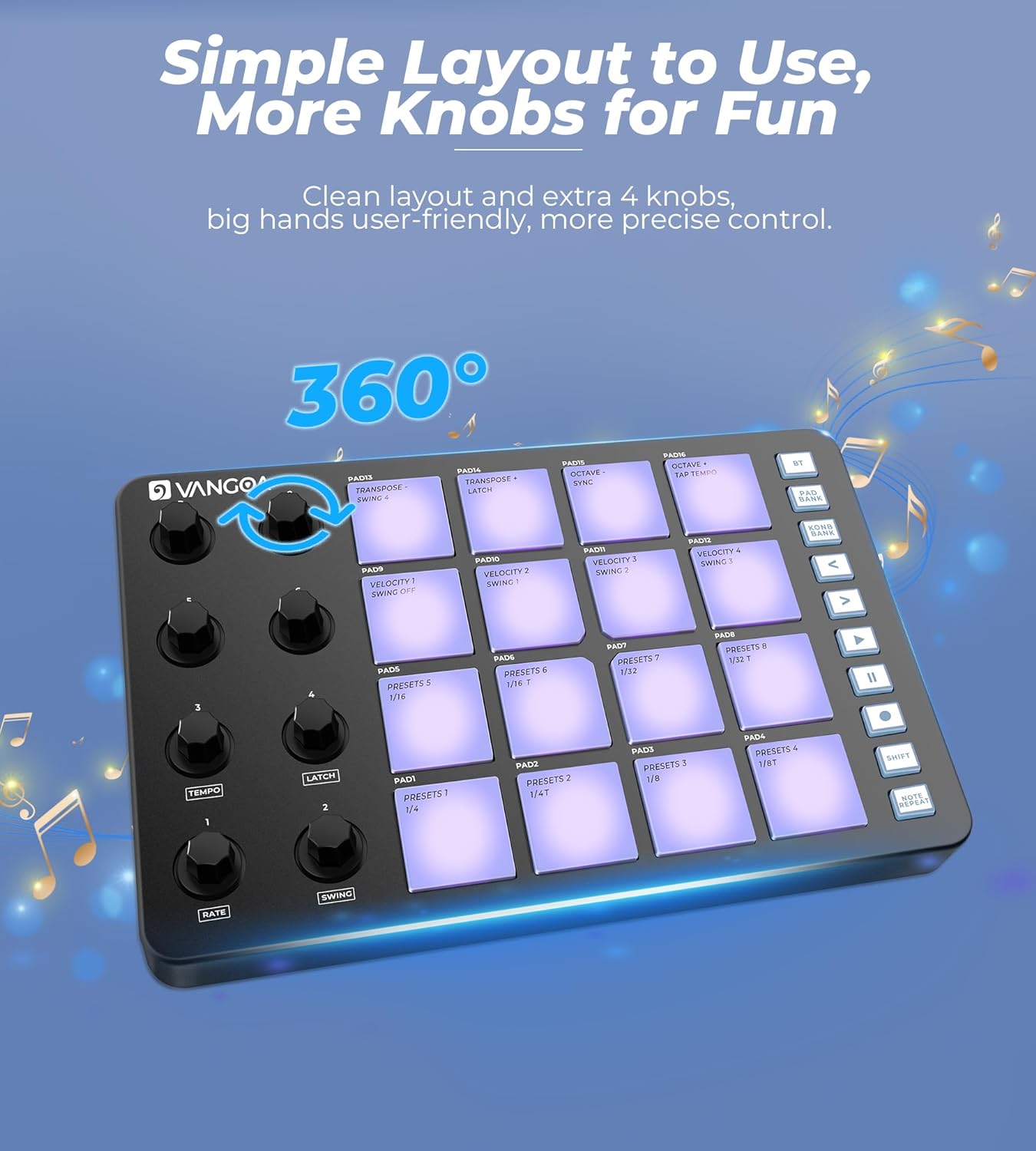 Vangoa MIDI Pad Beat Maker Machine with 16 Velocity Sensitive RGB Pads, Portable Backlit Aftertouch Wireless Beating Machine with Note Repeat for Music Production Beginners, 8 Knobs, Rechargeable