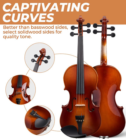Vangoa Violin 1/2 Size Set Fiddle, Handcrafted Half Size Starter Acoustic Violins Kit with Solid Wood Side Board, Lightweight Hard Case for Beginners Learners, Children, Kids, Adults, Right Handed