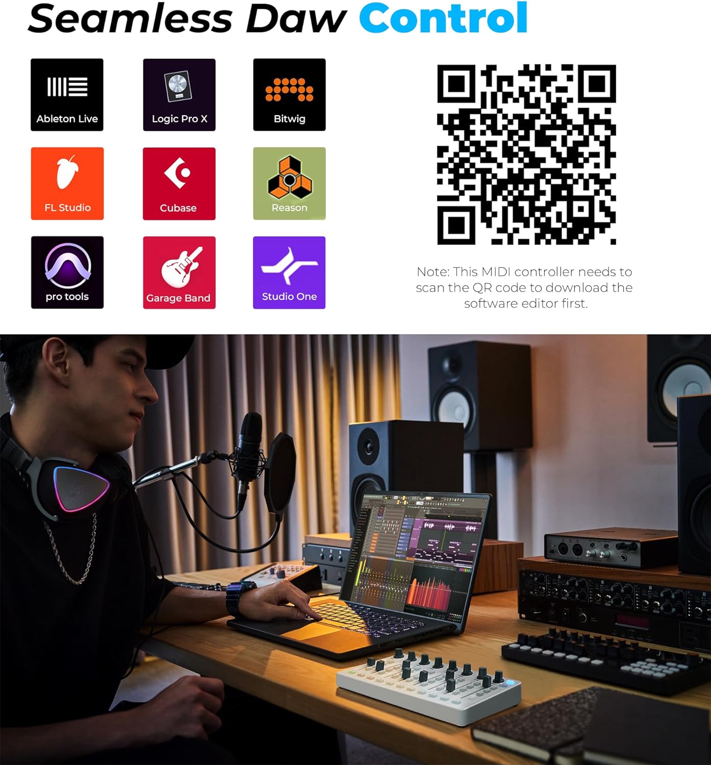 Vangoa Wireless Midi Controller Mixer Mute, Portable USB MIDI Controller Mixing Console with 43 Backlit Button, 8 Customized Diamond-shaped Faders with LED indicator, 8 Assignable Knobs, Simple Layout