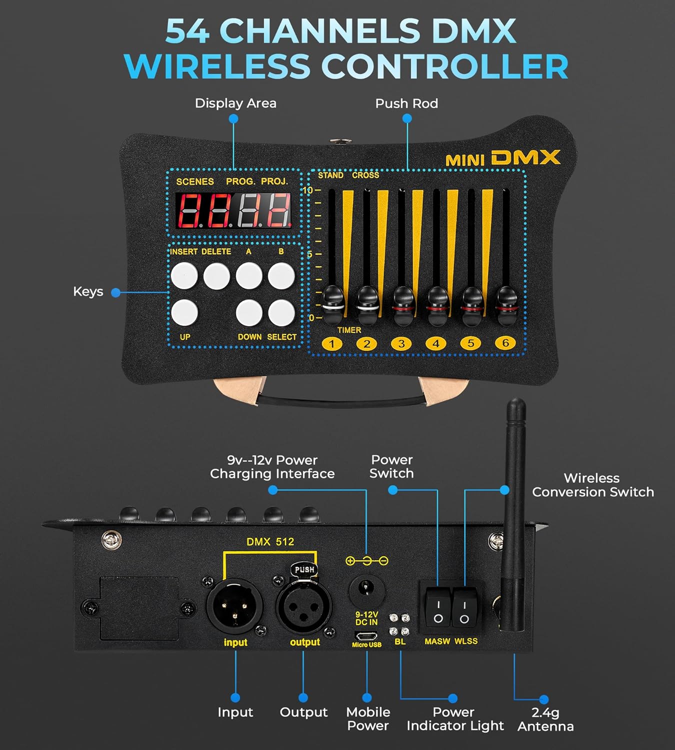 Contrôleur DMX Vangoa, mini contrôleur DMX 512 portable, avec 3 contrôleurs DMX Dfi DJ 2.4G et 3 récepteurs, contrôle d'éclairage avec sac et adaptateur, pour scène, fête, bar, spectacle, noir 