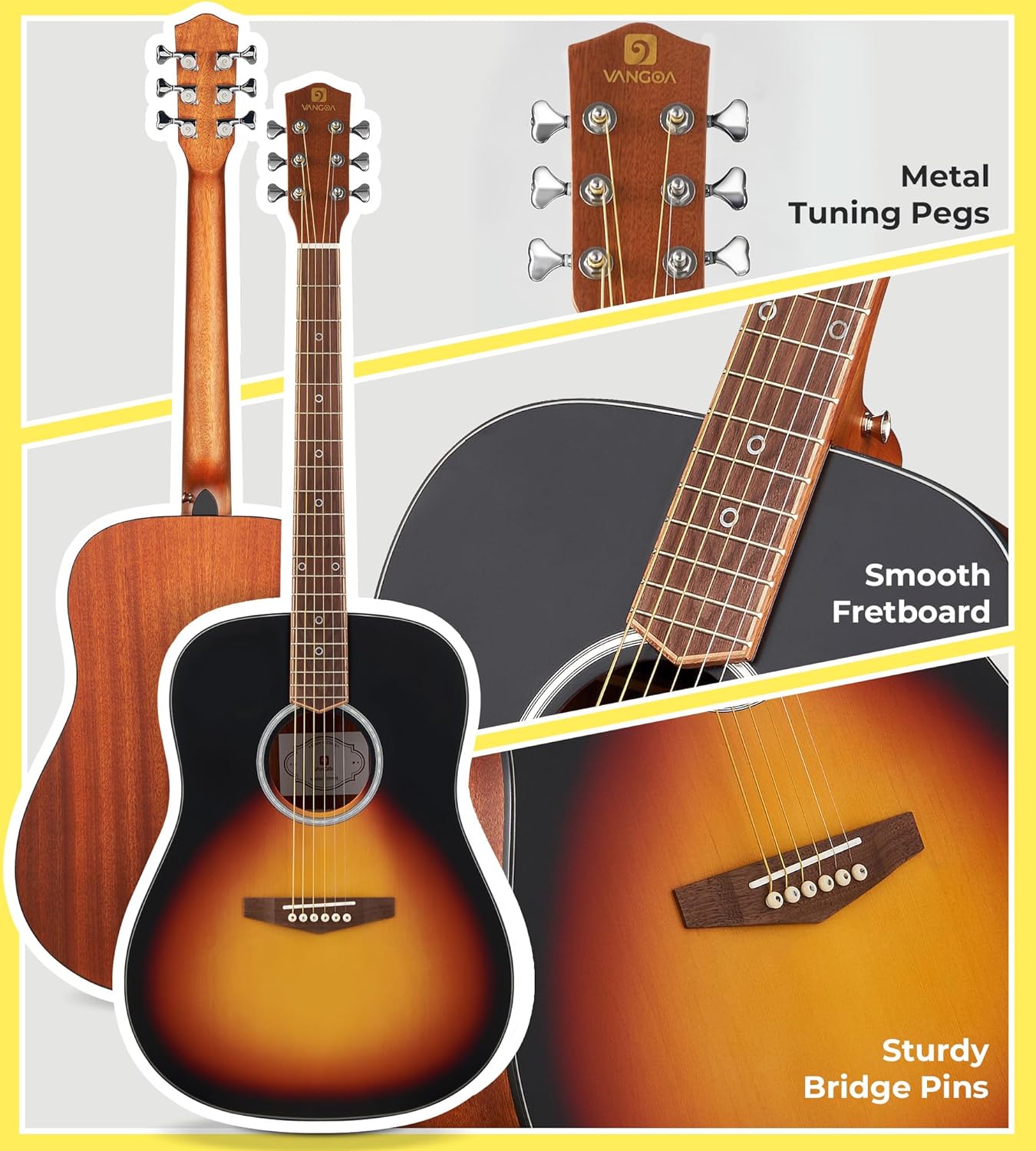 Vangoa Dreadnought Acoustic Guitar Kit for Beginner Adult, 41 Inch Right-handed Starter Guitars 6 String Full Size Set, Walnut Fingerboard, Hard Case, Tuner, Strap, Picks, Capo, Extra Strings, Yellow