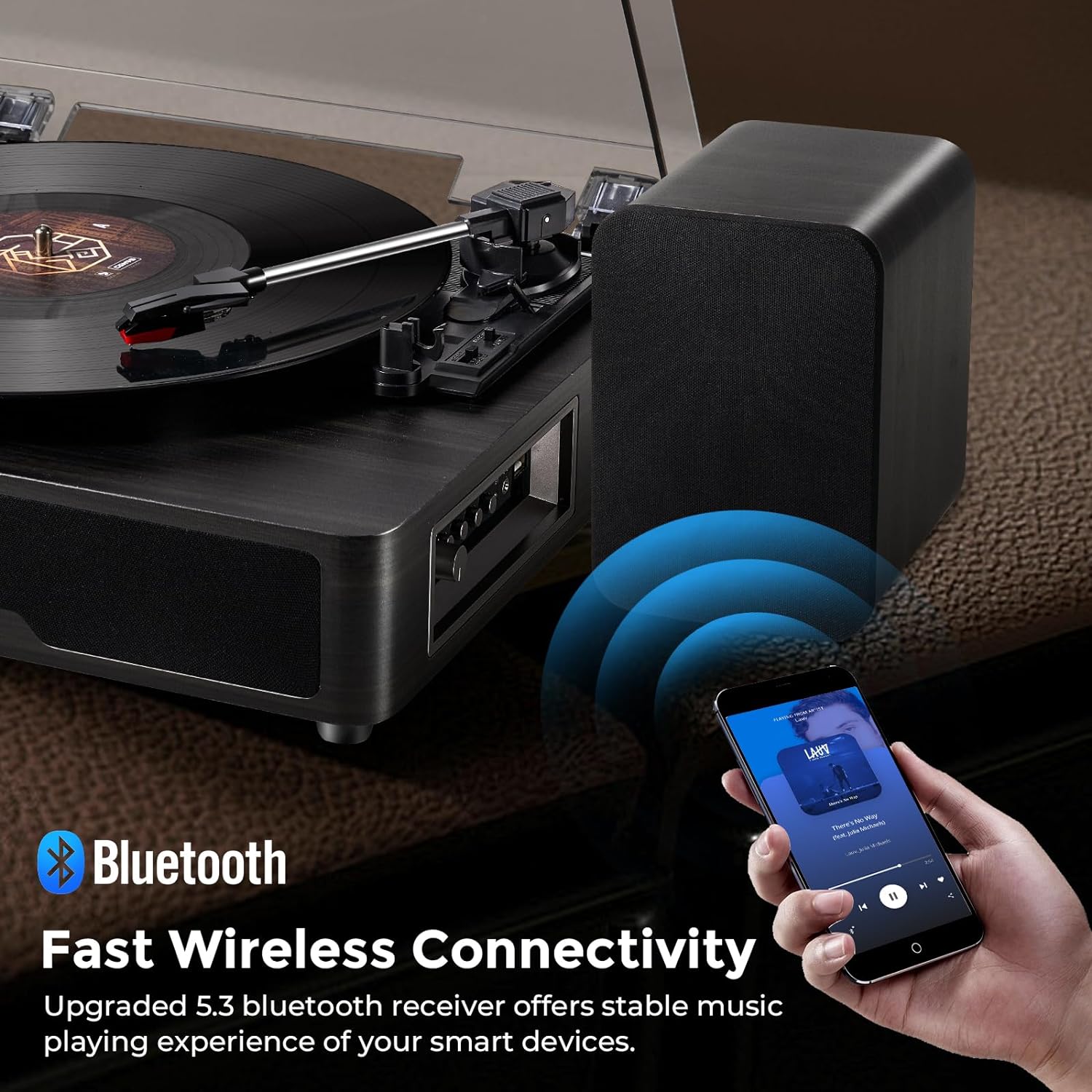 Platine vinyle Vangoa Bluetooth avec 2 haut-parleurs stéréo, 3 vitesses, entraînement par courroie, pour disques vinyles, entrée AUX, ligne RCA, USB, lecture sans fil, noir 