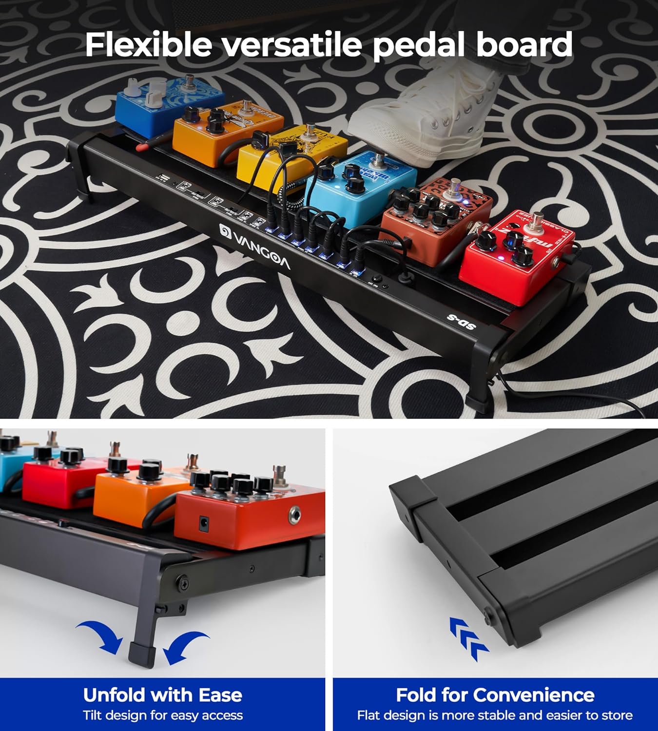 Vangoa Pédalier de guitare avec alimentation intégrée 9 V/12 V/18 V pour 5 à 6 pédales, en alliage d'aluminium, portable et pliable, avec sac de transport et câbles de pédale, petit format