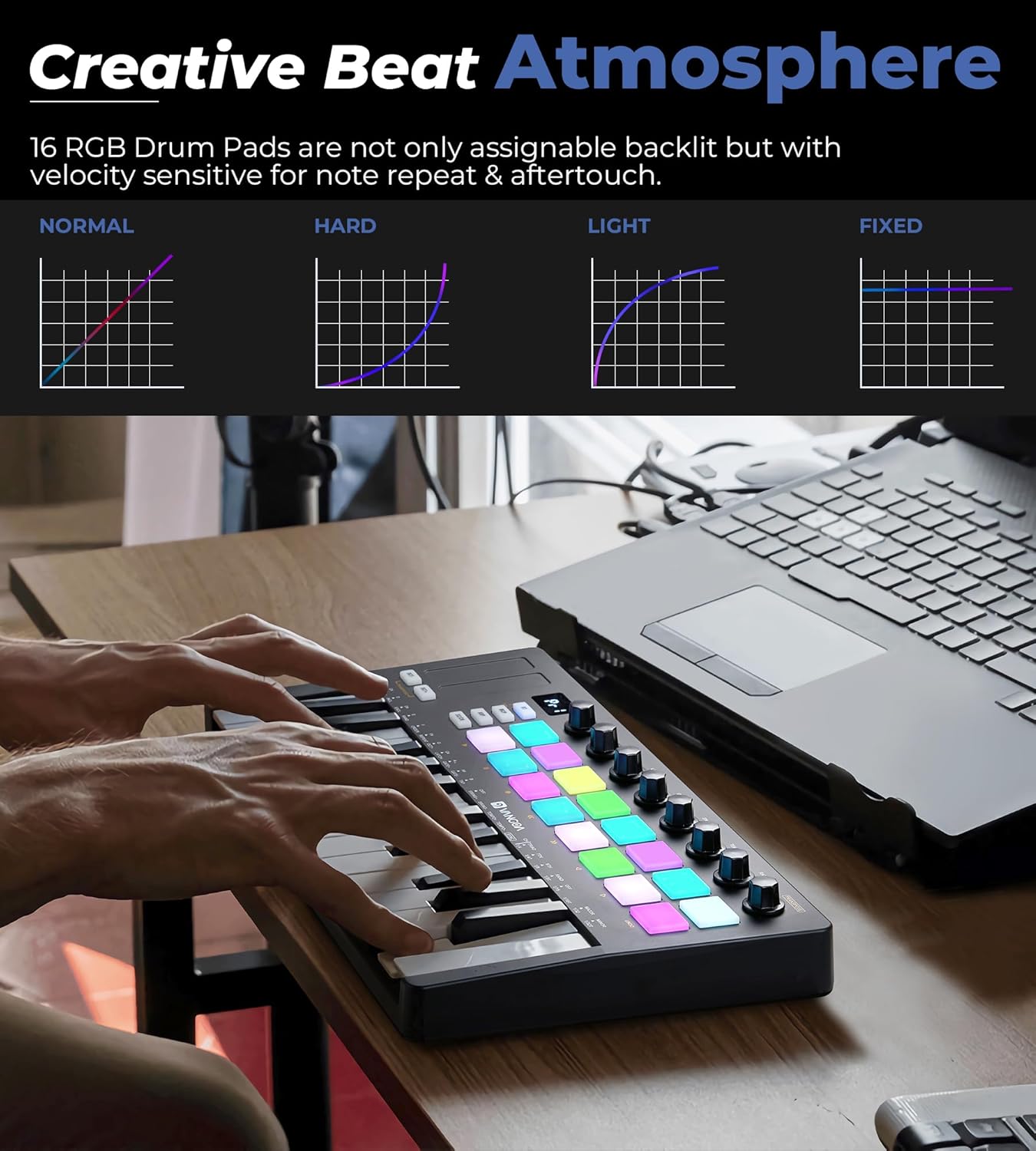 Vangoa Verbesserter 25-Tasten-USB-MIDI-Keyboard-Controller mit 16 Drum-Pads mit Hintergrundbeleuchtung, tragbarem, kabellosem, anschlagdynamischem Keybed-Beating-Pad mit Aftertouch, Smart Chord &amp; Scale, LED-Anzeige, Arpeggiator