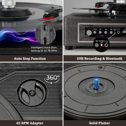 Vangoa Vinyl Record Player Turntable Bluetooth with 2 Stereo Speakers, 3-Speed Belt-Driven Turntables for Vinyl Records Supports AUX-in, RCA Line, USB, Wireless Playback, Black