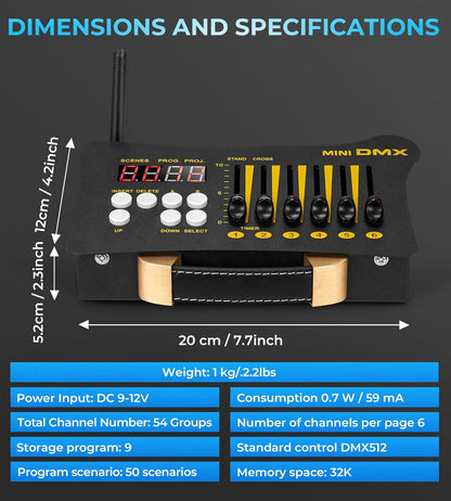 Vangoa DMX Controller, Mini Portable DMX 512 Controller, with 3 Pcs DMX Controller Dfi DJ 2.4G 3 Receivers, Lighting Control with Bag, Adapter, for Stage Party Bar Lighting Show, Black