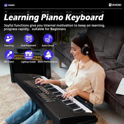 Vangoa VGK6101 Piano à clavier noir 61 touches, piano électrique avec 3 modes d'apprentissage, clavier musical éclairé avec microphone sur pied pour débutants et étudiants 