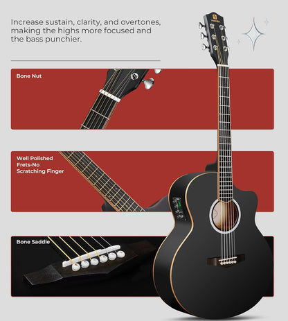 Vangoa 3/4 Electric Acoustic Guitar Kit for Beginners, 36 Inch Cutaway Acoustic Guitar Built-in Pickups, with Bag, Tuner, Strap, Capo, Picks, Spruce Top, Upgraded Starter Kit, Black Matte