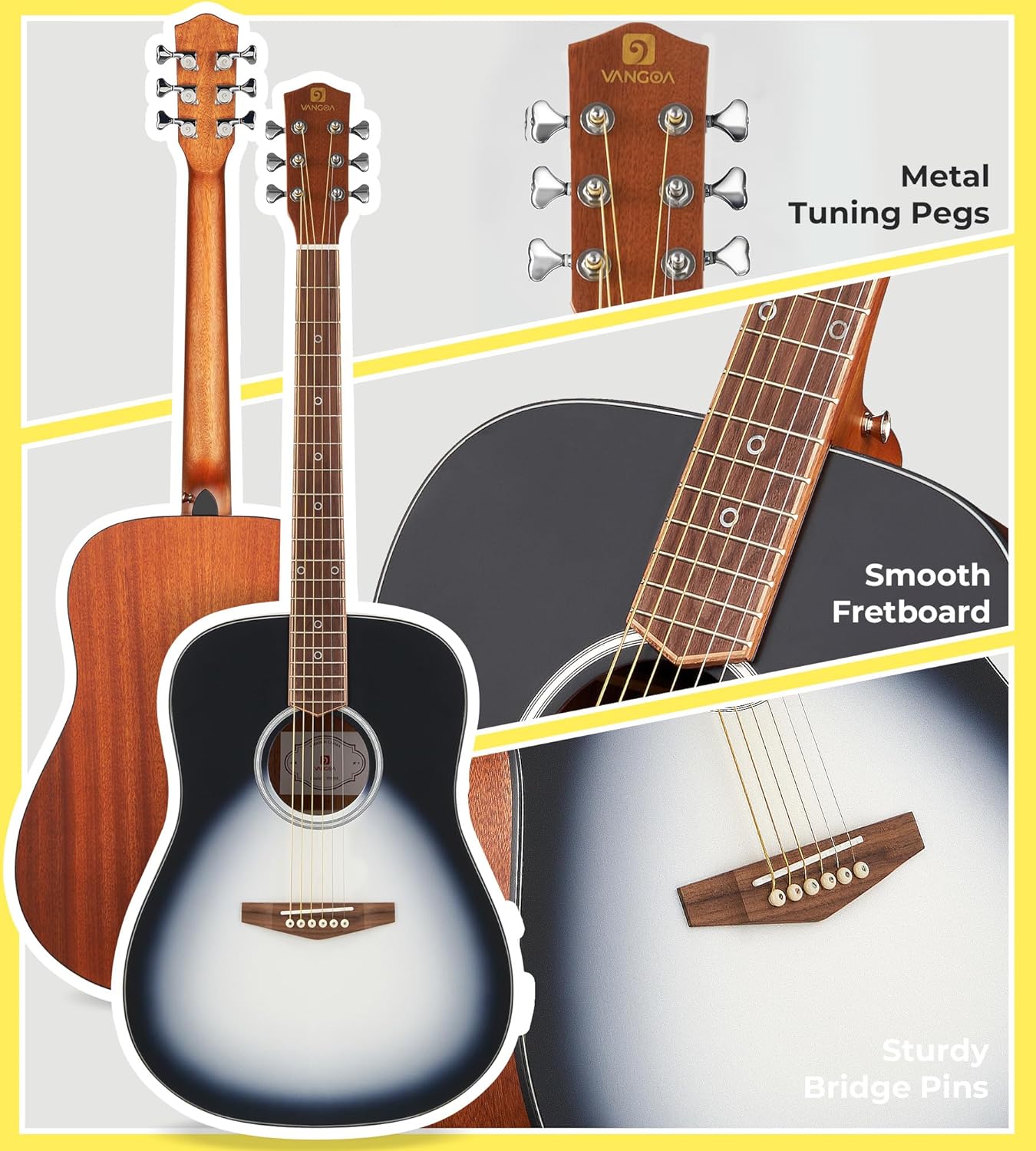 Vangoa Dreadnought Acoustic Guitar Kit for Beginner Adult, 41 Inch Right-handed Starter Guitars 6 String Full Size Set, Walnut Fingerboard, Padded Case, Tuner, Strap, Picks, Capo, Extra Strings, White