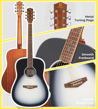 Vangoa Dreadnought Acoustic Guitar Kit for Beginner Adult, 41 Inch Right-handed Starter Guitars 6 String Full Size Set, Walnut Fingerboard, Padded Case, Tuner, Strap, Picks, Capo, Extra Strings, White