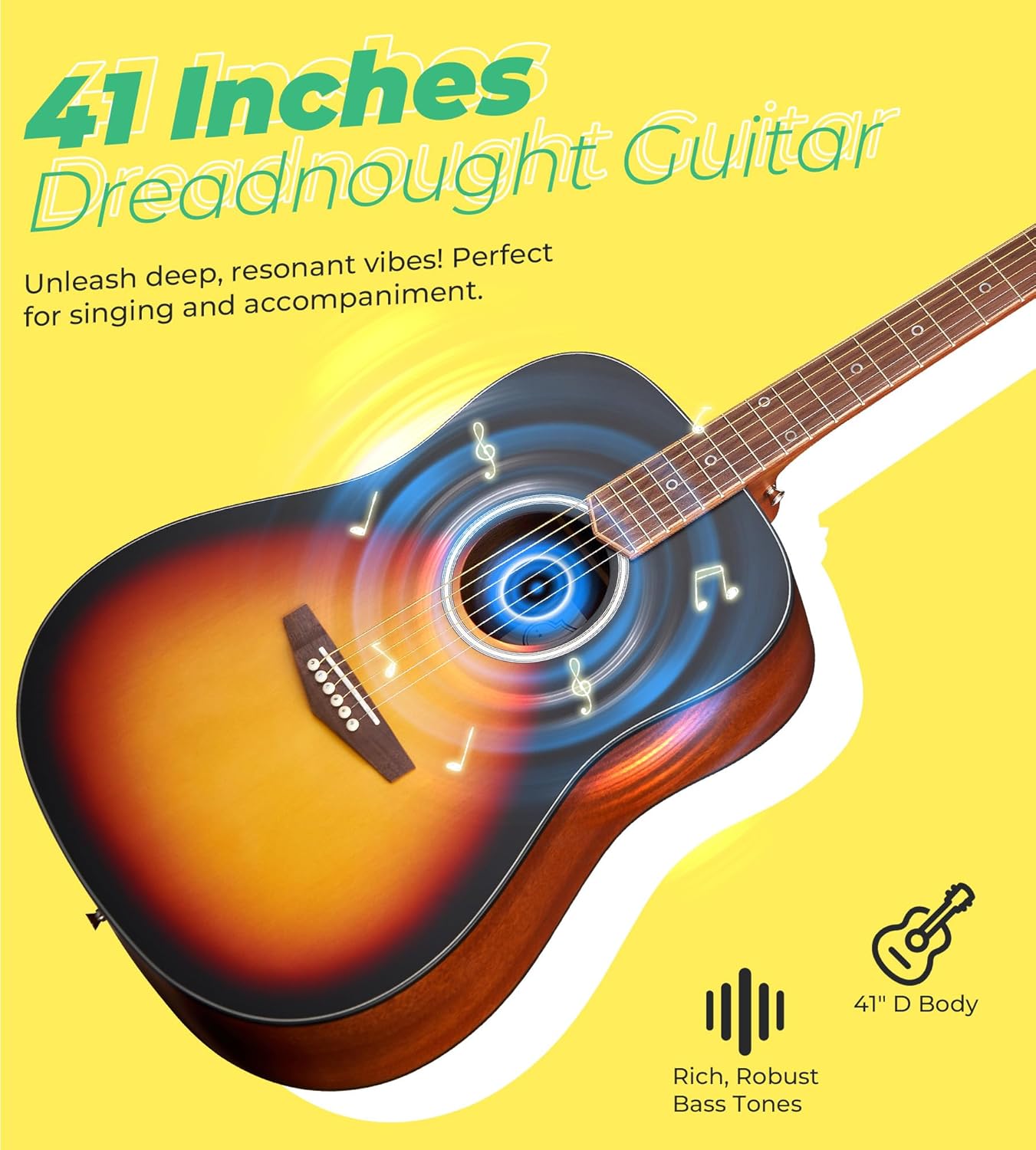 Vangoa Dreadnought Acoustic Guitar Kit for Beginner Adult, 41 Inch Right-handed Starter Guitars 6 String Full Size Set, Walnut Fingerboard, Hard Case, Tuner, Strap, Picks, Capo, Extra Strings, Yellow