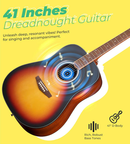 Vangoa Dreadnought Acoustic Guitar Kit for Beginner Adult, 41 Inch Right-handed Starter Guitars 6 String Full Size Set, Walnut Fingerboard, Hard Case, Tuner, Strap, Picks, Capo, Extra Strings, Yellow