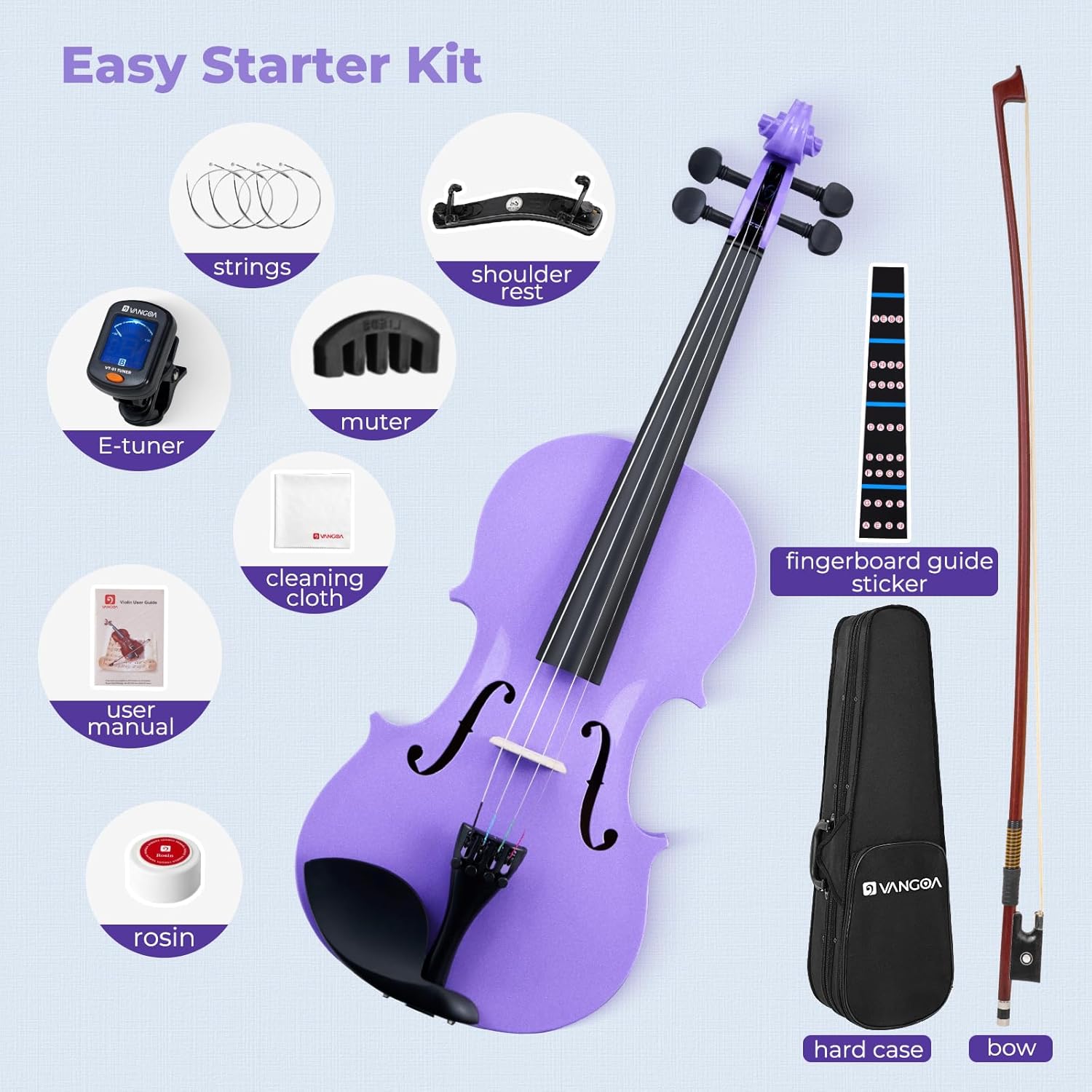 Vangoa 4/4 Violinenset in voller Größe für Anfänger, Einsteiger-Geigenset für Kinder, Erwachsene, Mädchen, komplettes Starter-Zubehörpaket mit Gummidämpfer, Lila 