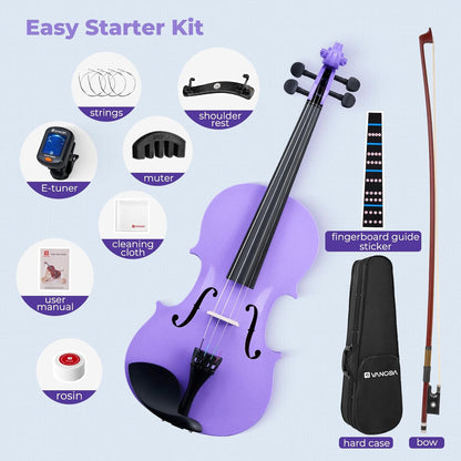 Vangoa 4/4 Violinenset in voller Größe für Anfänger, Einsteiger-Geigenset für Kinder, Erwachsene, Mädchen, komplettes Starter-Zubehörpaket mit Gummidämpfer, Lila 